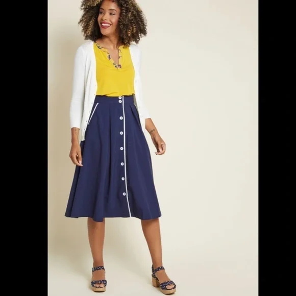 NWOT ModCloth Navy Blue White Trim Midi Skirt New - Picture 2 of 7
